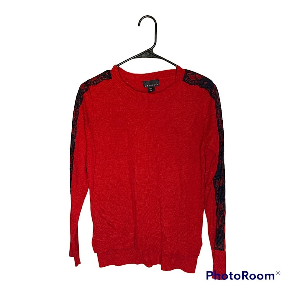 I know you will love this red sweater with black lace detail.